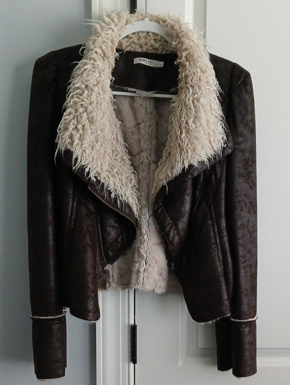 Dark Brown Faux-Leather Jacket with Cream Shearling Collar